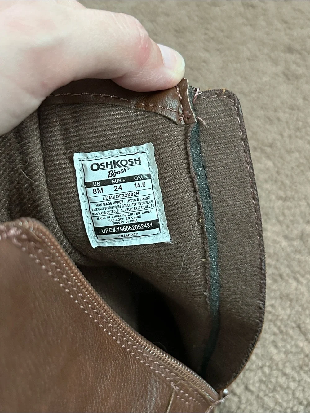 Baby Girl Size 8 Osh Kosh Lumi Brown Boots Riding Boots “Leather” Look Zip Sides